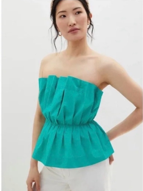 Anthropologie Tops - Anthropologie Teal Strapless Pleated Crop Top